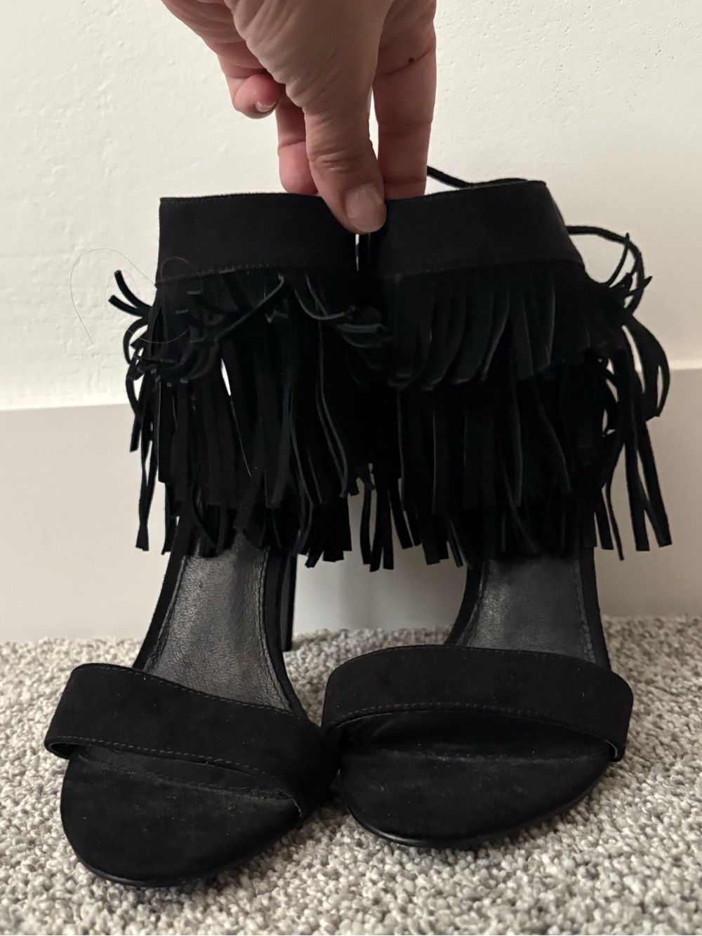 TOPSHOP Black Fringe Suede Open-Toe Heels